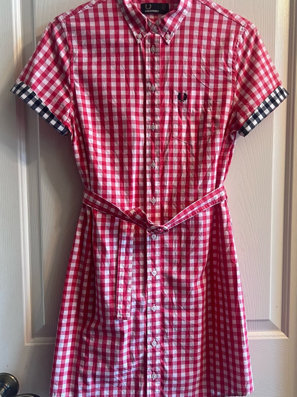 Fred Perry Red & White Gingham Belted Mini Shirt Dress with Navy Trim and Laurel